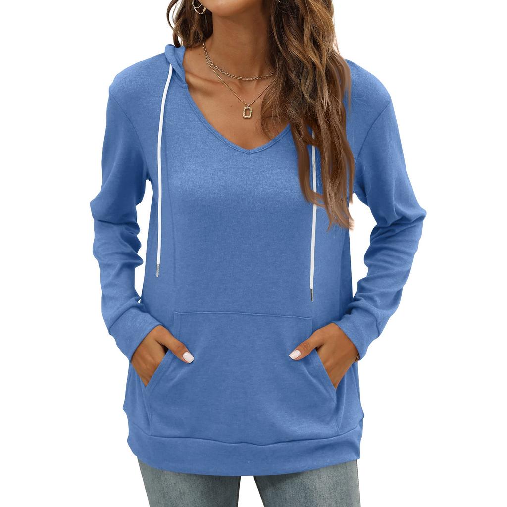 Women's Fashion Casual V Neck Long Sleeve Solid Color Pocket Drawstring Hooded Top