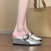 Fashion Slippers, Foreign Style, Fashionable Outer Wear, Silver One-word Buckle with Wedge Heel Bag Head, Half-drag Muller Shoes
