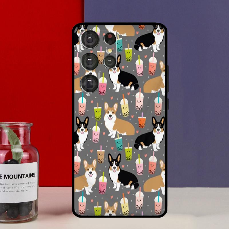 Чехол-фунда с корги и бабл-ти для Samsung Galaxy S25 Ultra S9 S10 S20 S21 S22 Plus S23 FE S24 Ultra