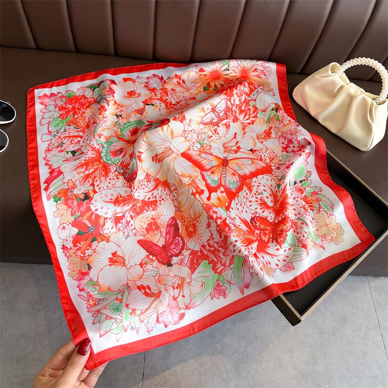 Women S Butterfly Printed Silk Like Square Scarf For Spring Summer Sun Protection