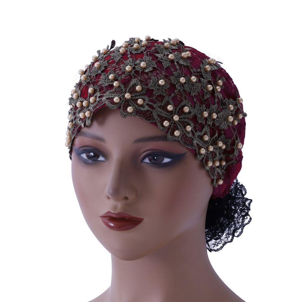 Beaded Glittery Finish Head Wrap Lace Embroidered Chemo Cap Comfortable Headscarf Daily Wear