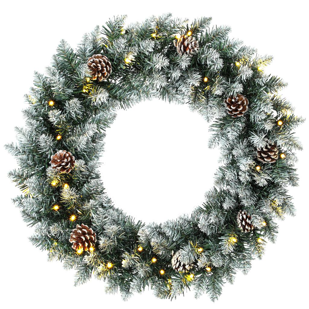 Christmas Wreath 60 cm Lit Door Wreath with 50 LEDs, Pinecones, Artificial Snow, for Christmas Advent Front Door