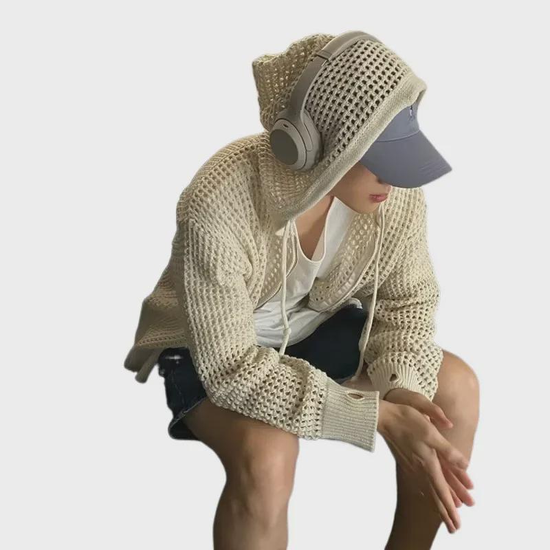 Вязаный кардиган с капюшоном в корейском стиле для пар – модный, дышащий, повседневный дизайн с ажурной отделкой