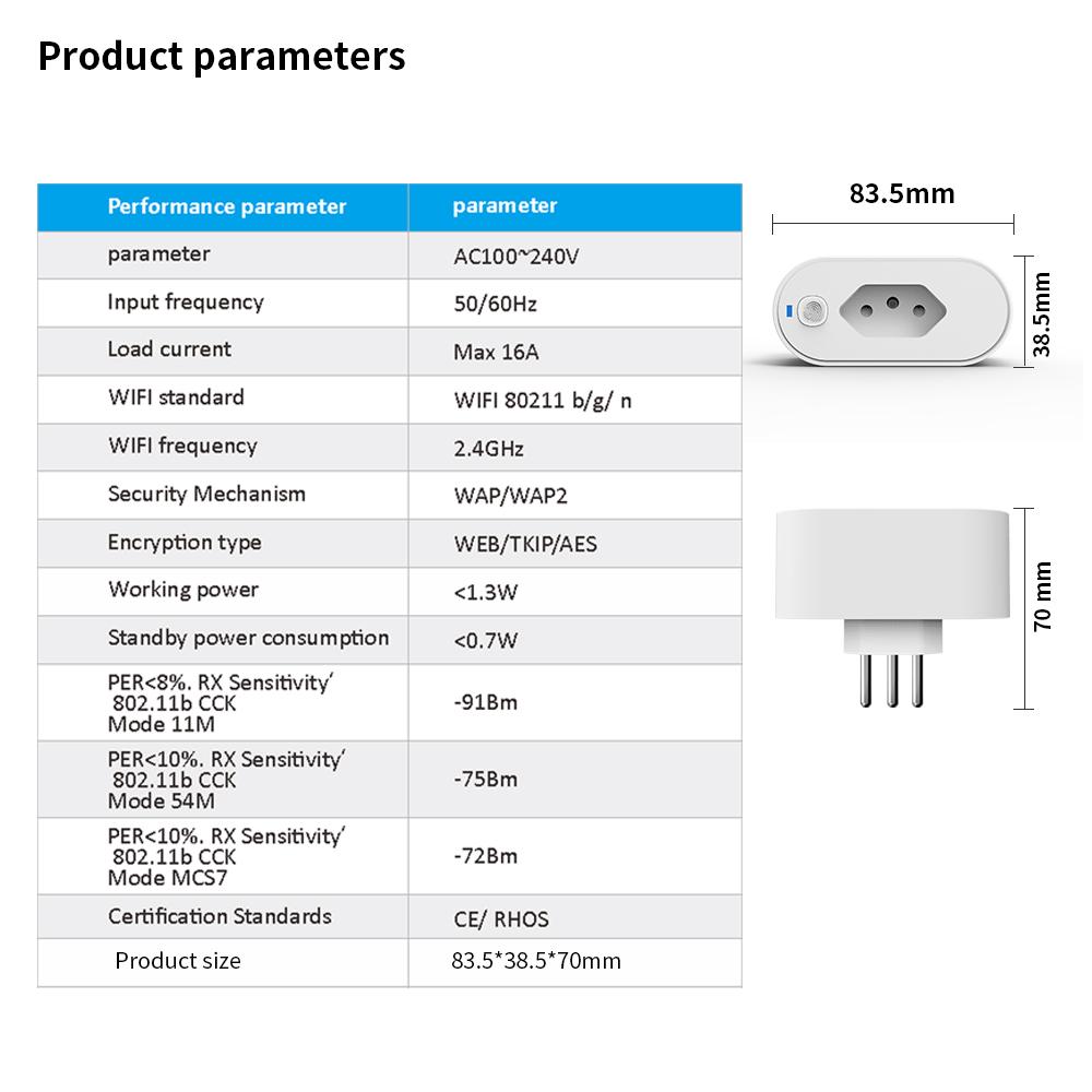 Tuya Wifi Smart Plug 16a Brazil Standard Outlet Smart Life App Remote Smart Socket Power Monitor Works For Google Home Alexa