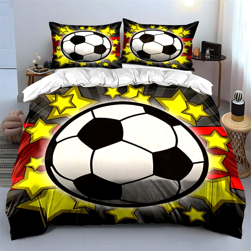 3Pcs Star Soccer Ball Bedding Set, Cartoon Football with Yellow Stars Print Duvet Cover + 2 Pillowcases, Kids Sports Decor