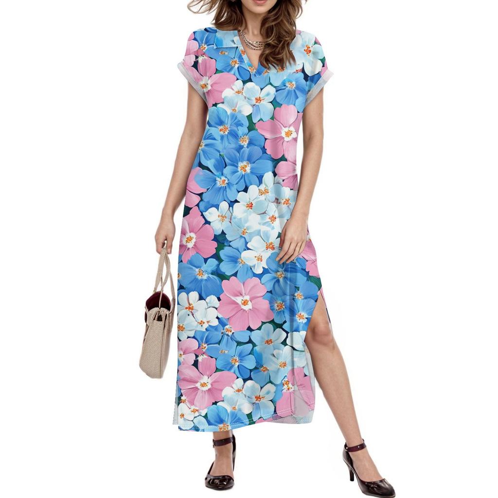 Женское платье макси с цветочным принтом, повседневное платье-рубашка с длинным рукавом и свободным разрезом, праздничное платье с коротким рукавом