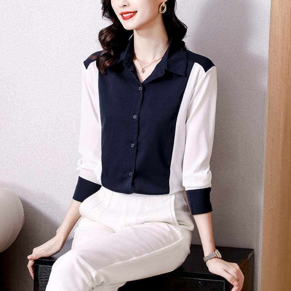 Chiffon Shirt Women's Spring Autumn New Color Contrast Fashion Long Sleeved Top Turn Down Collar Bottoming Blouse S-3XL
