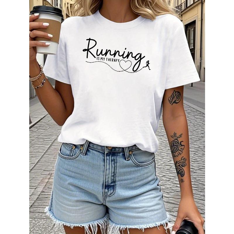 Women'S Therapy Theme T-Shirt Runner Silhouette & Slogan Decor, Casual Short Sleeve, Black-White Minimalist Vibrant, Ideal for Spring Summer
