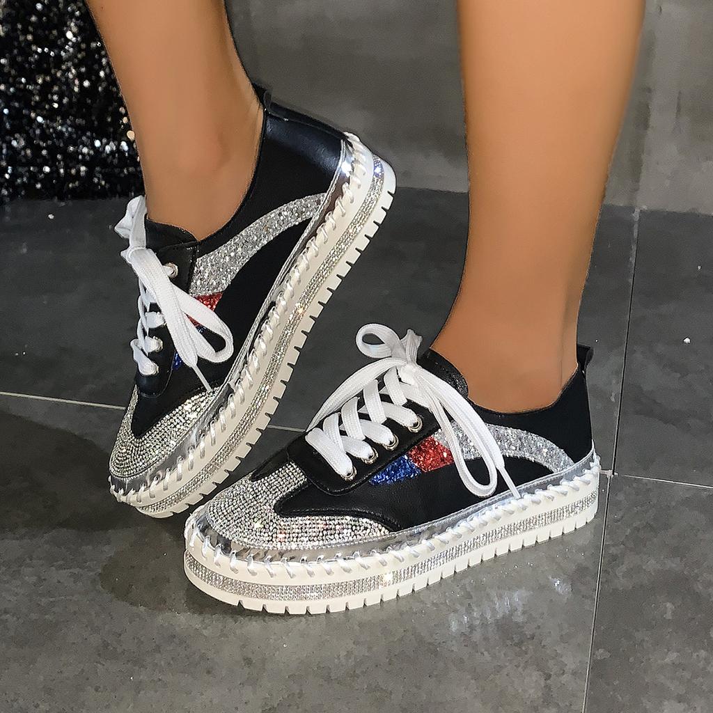 Женские кроссовки больших размеров с толстыми подошвами и кристаллами, повседневная дизайнерская обувь, женские кроссовки со стразами на плоской толстой подошве и шнуровкой для женщин