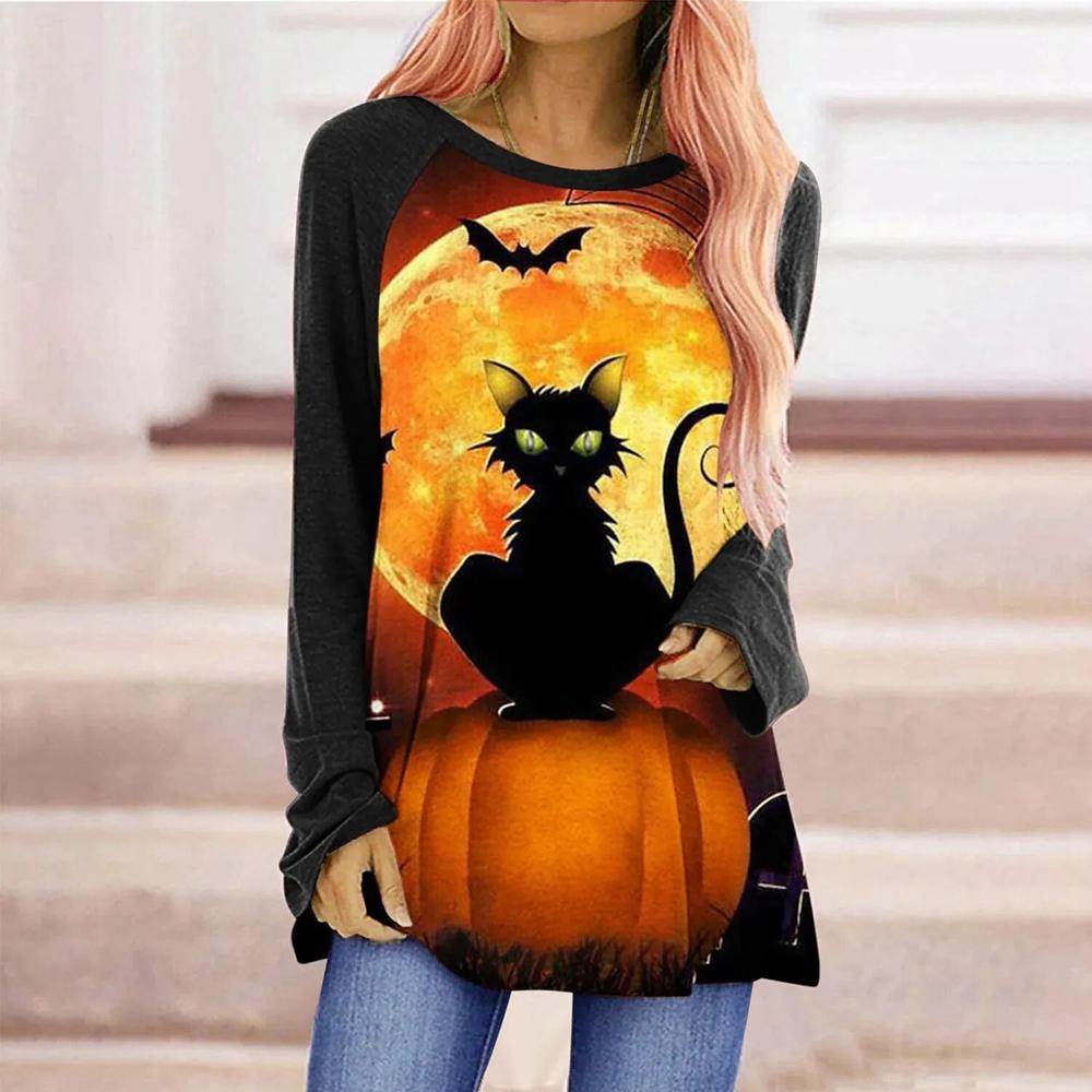Женская футболка Футболка с рисунком Хэллоуина Тыква Картина Активная уличная одежда С длинным рукавом С принтом Круглый вырез Essential Basic Базовый