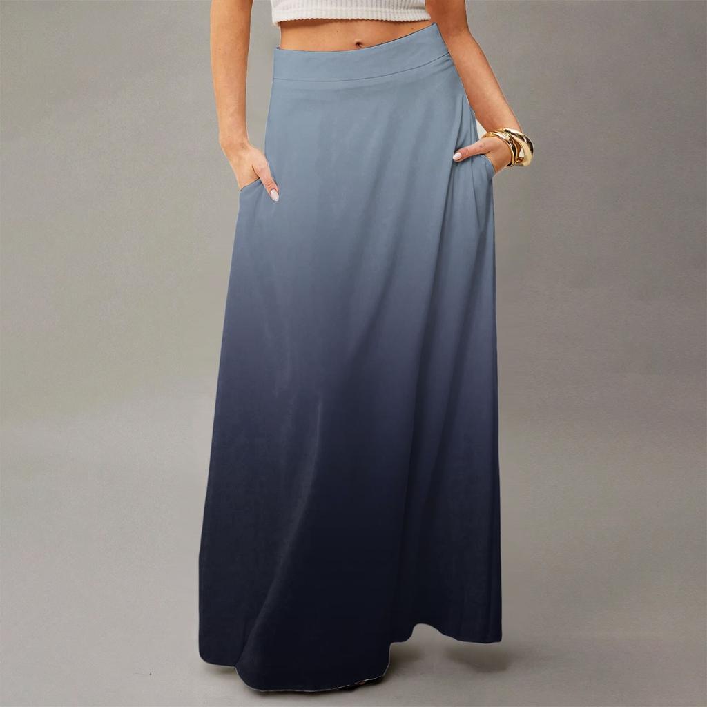 Women's Casual Leisure Foldable Gradient Print High Waist With Pocket Draped Relaxed Long Maxi Skirt