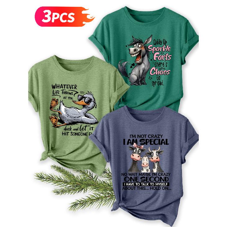 Three-piece set Women's Summer Clothing Funny donkey, duck, cow, and quirky slogan print round-neck short-sleeve plus-size friendly T Shirt Funny and