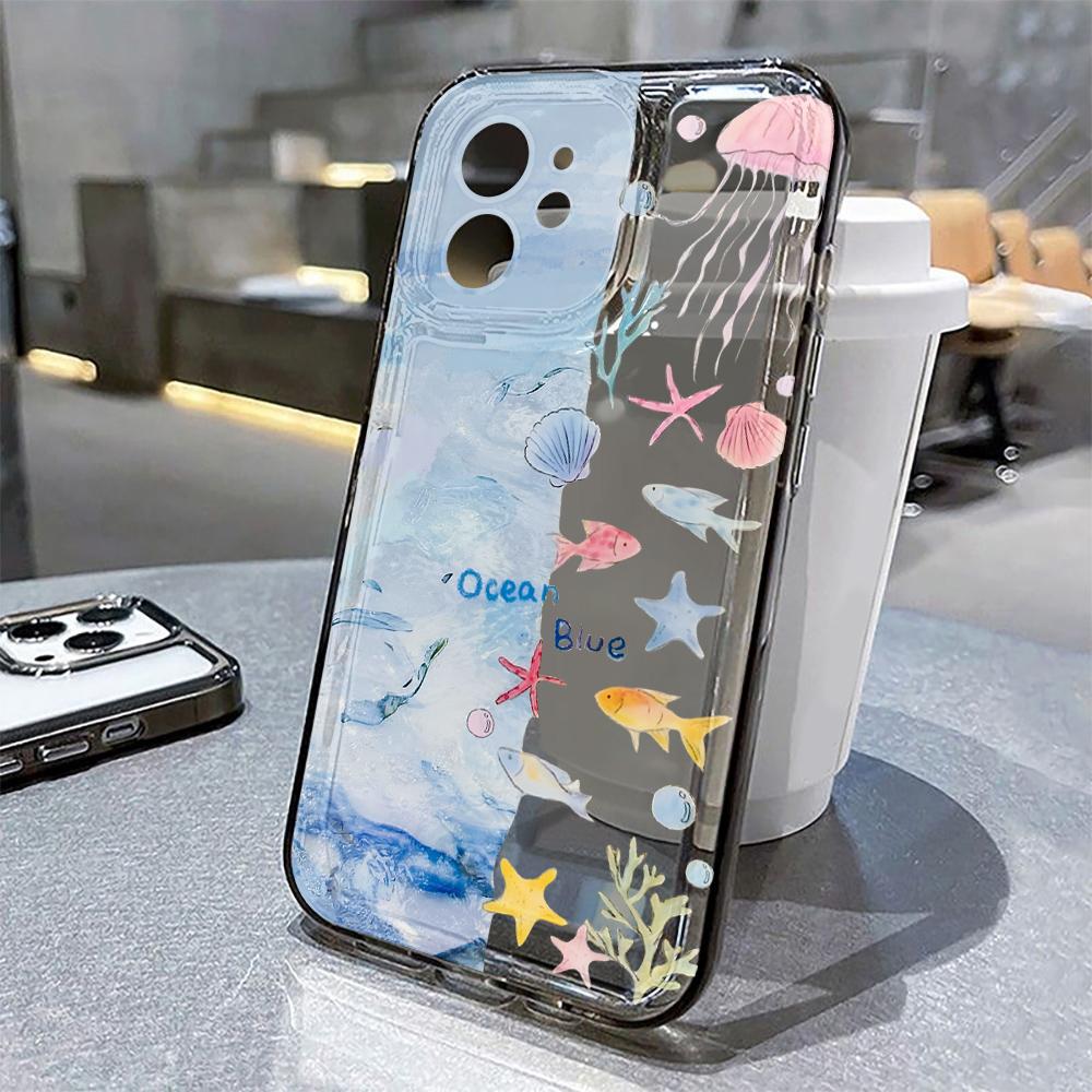 Милый Чехол для Телефона с Морскими Животными для iPhone 11 Чехол iPhone 15 13 14 12 17 16 Pro Max 8 7 Plus XR XS SE Прозрачный Защитный Чехол Funda