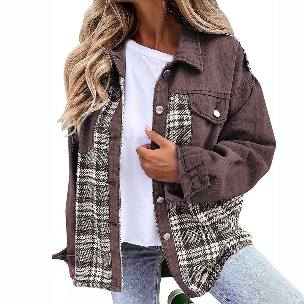 Womens Long Sleeve Denim Jacket Plus Size Basic Lapel Button Down Cropped Casual Jean Jackets Trucker Coats Jacket