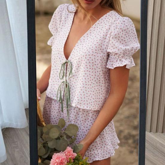 2 шт./компл. женский топ с шортами, комплект на шнуровке с бантом, декор с пышными рукавами, богемный стиль, глубокий V-образный вырез, рюшами в клетку, с принтом, свободная блузка с эластичной резинкой на талии, комплект брюк