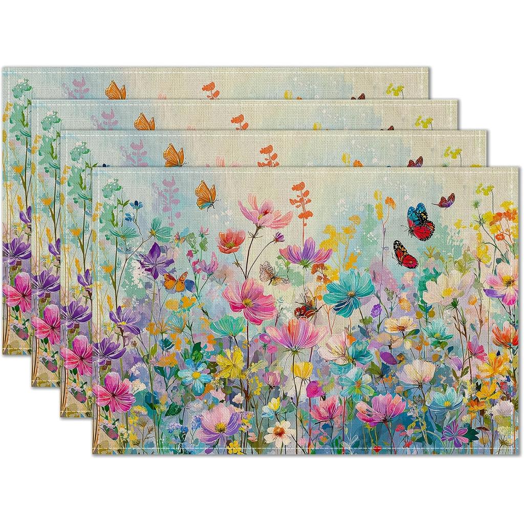 Wildflower Butterfly Watercolor Printed Placemats Heat Resistant Spring Patio Dining Gathering Everyday Family Meals Home Decor