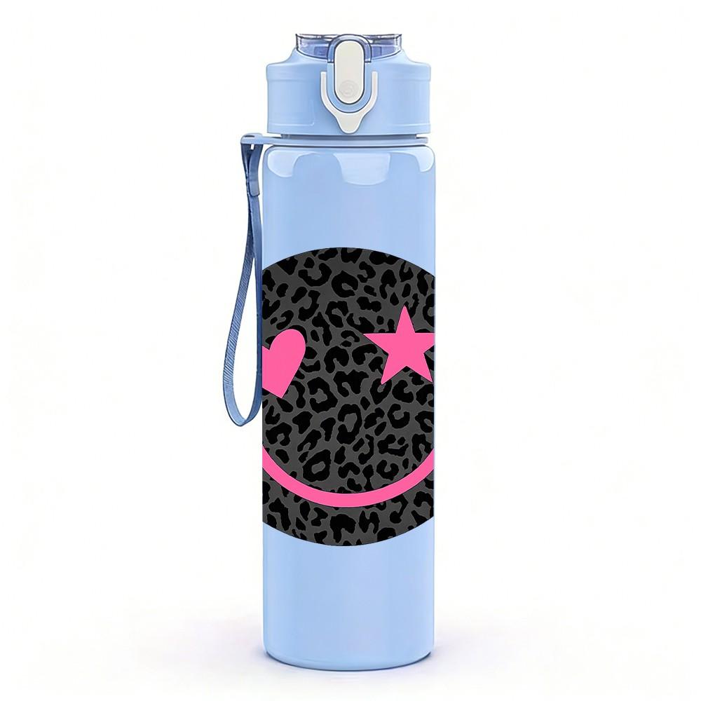 1PC Black Glitter Smiley Face Repeat Print 750ml Color Plastic Sports Water Bottle Leakproof Flip Straw Lid Suitable for Sports Office Home Use