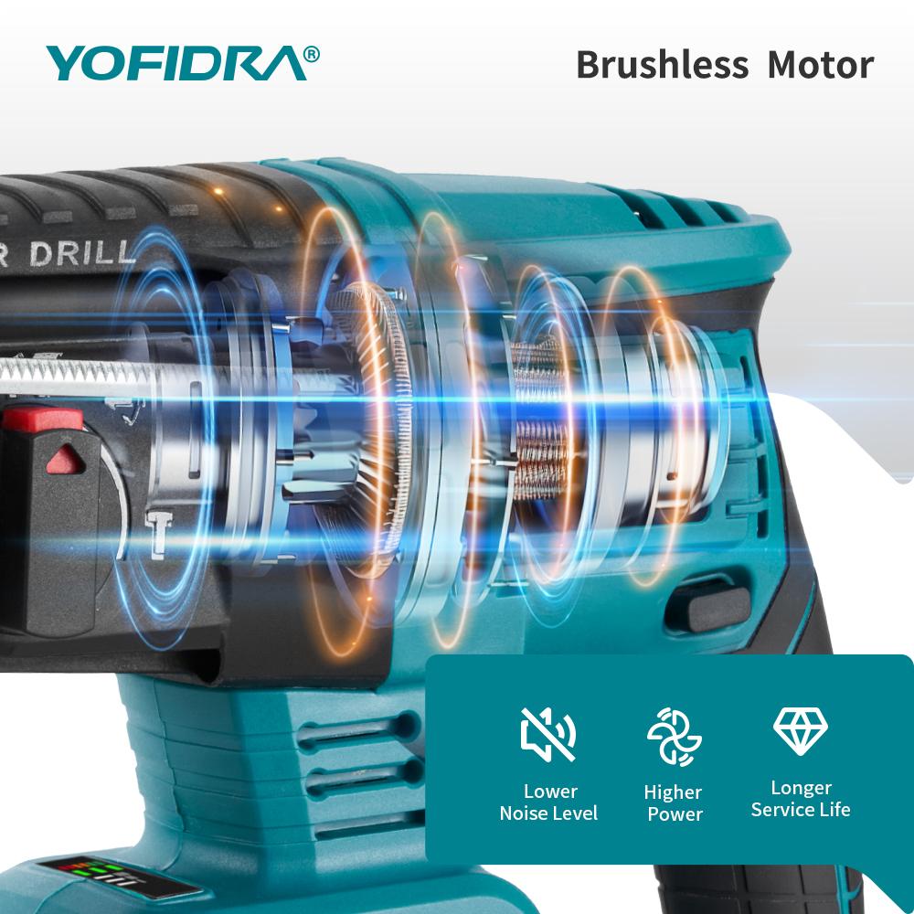 YOFIDRA 26 мм бесщеточный электрический перфоратор Многофункциональный роторный аккумуляторный электроинструмент для батареи Makita 18 В