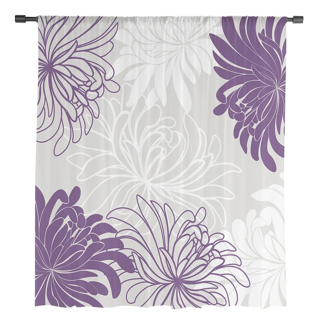 Purple White Flower Floral Chrysanthemum Tulle Curtains Modern Living Room Kitchen Chiffon Curtain Bedroom Sheer Valance Curtain