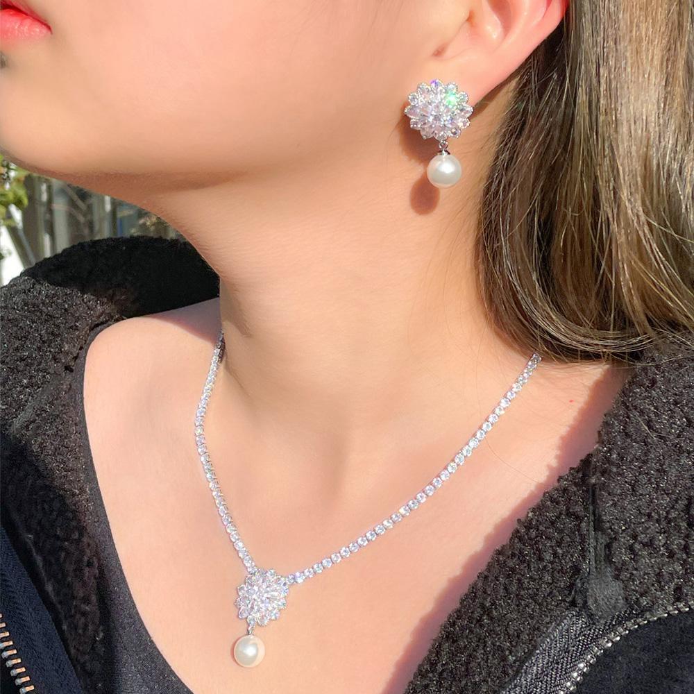 CMM великолепный кубический цирконий цветок падение Для женщин свадебное ожерелье из искусственного жемчуга серьги модные свадебные комплекты ювелирных изделий подарок