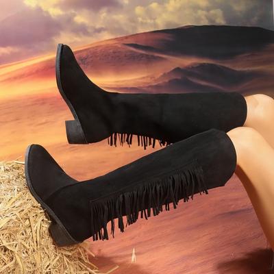 Мода Новая Мода Ретро Коричневые До Колена Ковбойские Сапоги Женские Дизайн с Кисточками Рыцарские Сапоги с Длинным Голенищем Женские Массивный Каблук Западные Сапоги