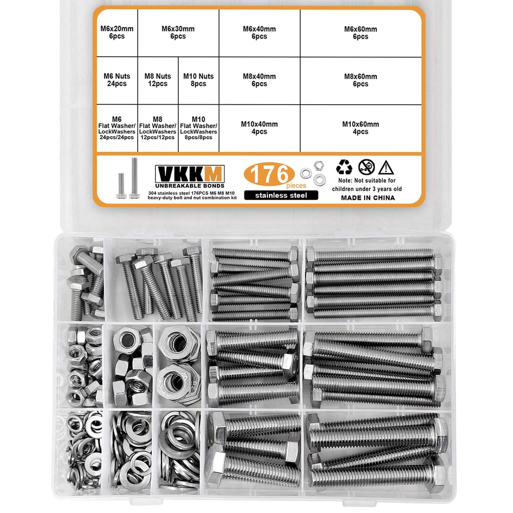 620pcs, 176pcs, and 80pcs of 304 Stainless Steel Outer Hexagon Bolts, Nuts, and Washer Sets.
