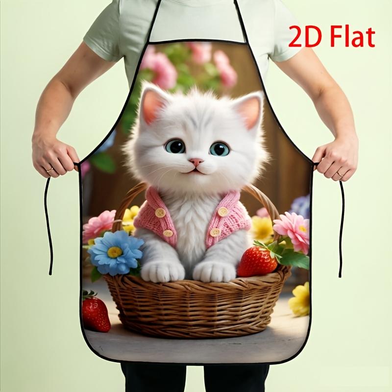 1pc 2D Flat Cute Cartoon Cat Print Kitchen Apron, Fashionable Cooking Decoration Apron, Trendy Home Kitchen Wear Kitchen Decor