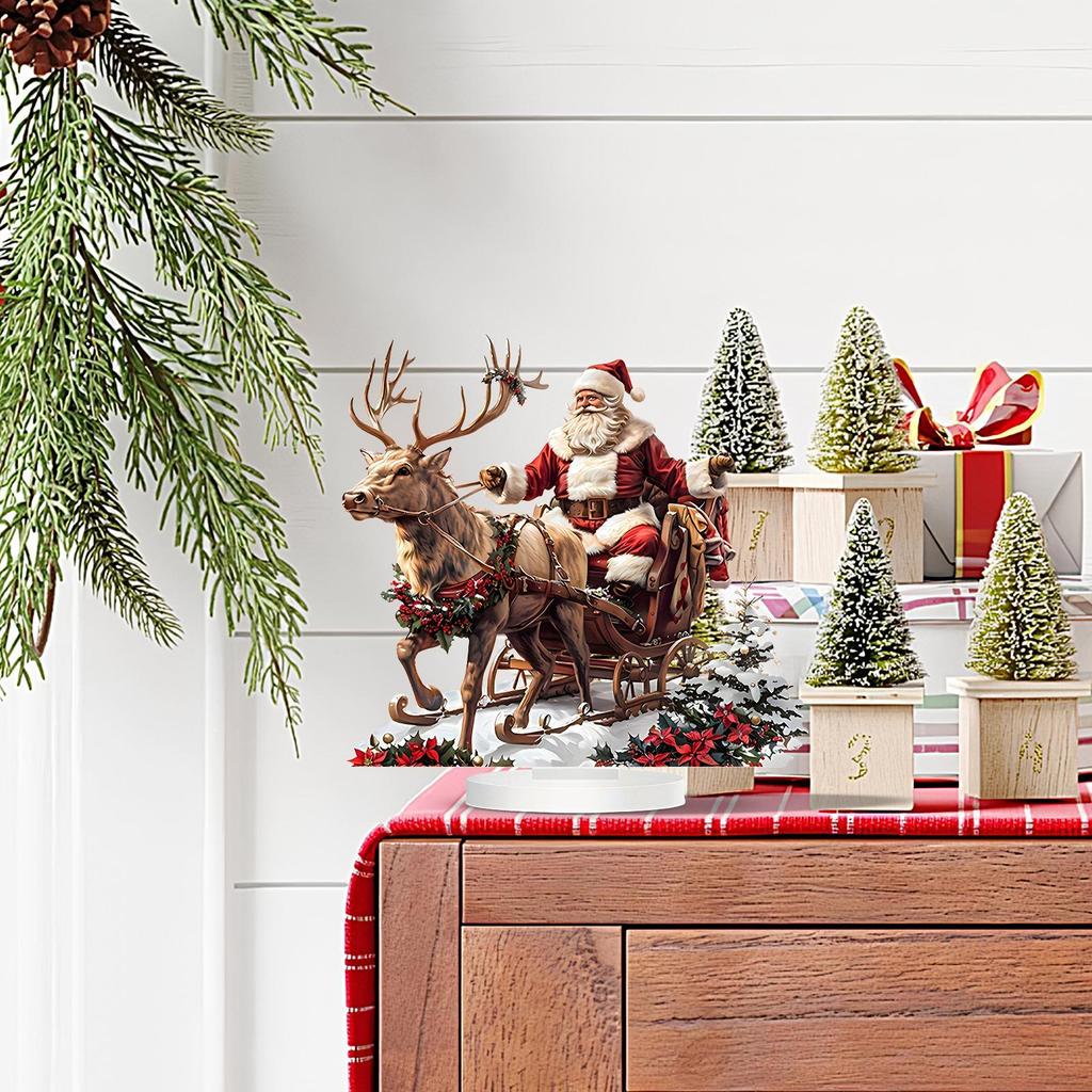 14x15cm Christmas Reindeer Sleigh Santa Figurine 2d flat Acrylic Christmas Ornaments 2026 Xmas Navidad Party Supplies