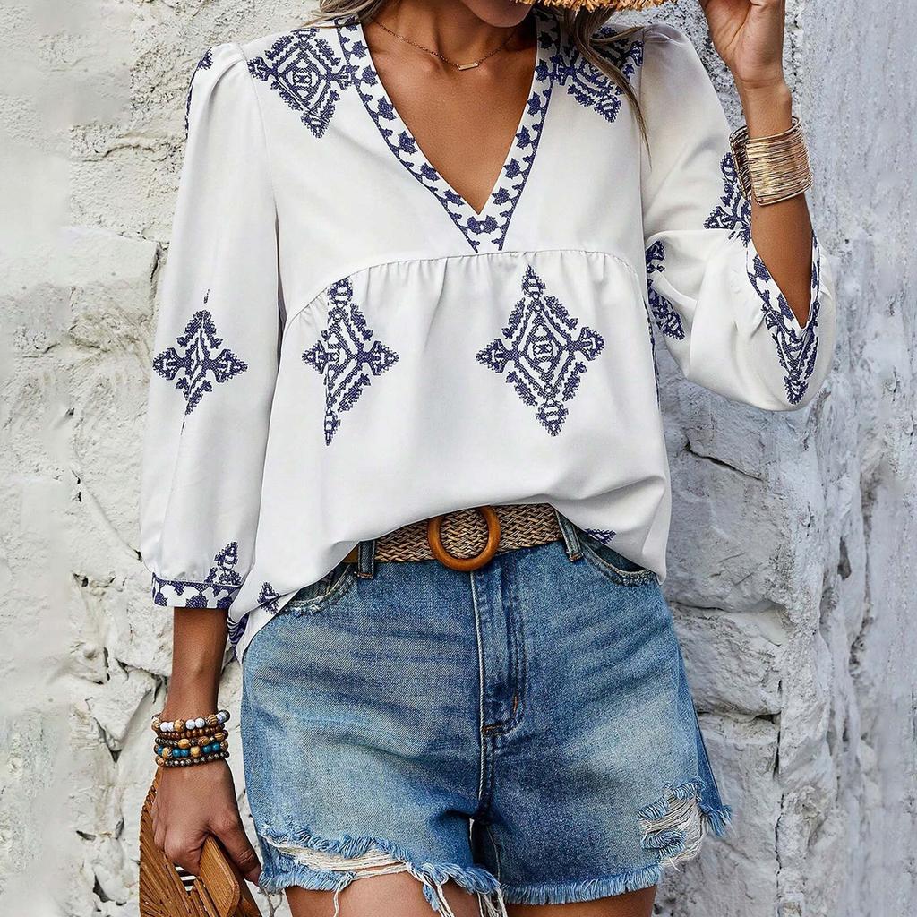 Женский модный повседневный топ с v-образным вырезом и семью рукавами с принтом