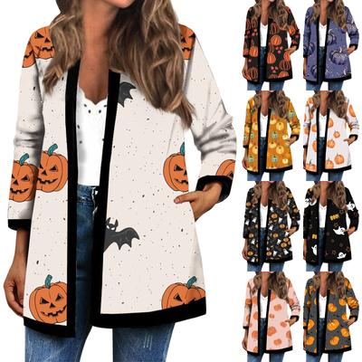 Женская осенне-зимняя модная повседневная куртка-кардиган средней длины с длинным рукавом и принтом на Хэллоуин