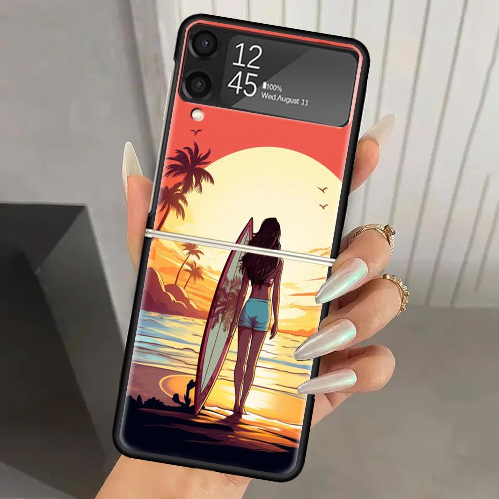 Surf Board Aesthetic Hard PC Phone Case For Samsung Galaxy Z Flip 7 6 5 4 3 Black ZFlip7 ZFlip6 Flip5 Flip4 Flip3 5G Print Cover