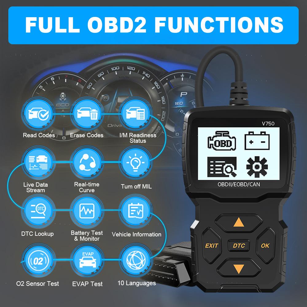 V750 Автомобильный сканер OBD2 Считыватель кодов OBD2 Тестер аккумулятора и датчика кислорода Чтение информации об автомобиле Диагностические инструменты Система проверки двигателя