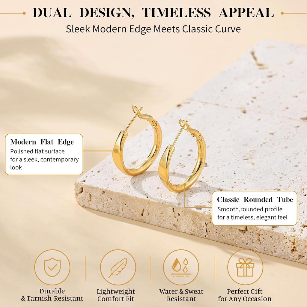sovesi Flat Edge Chunky 14k Gold Plated Hoop Earrings for Women Trendy | 5mm Thick Hoops, Lightweight Hypoallergenic Hoop Earrings
