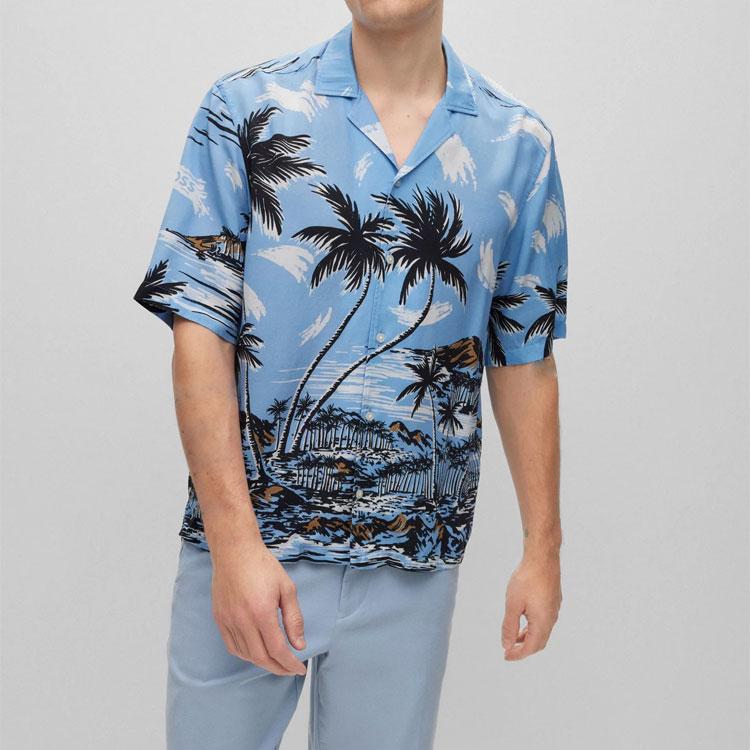 HUGO BOSS Shirts Men's Blue Cuban Collar Moderate Hawaii 50490433-492
