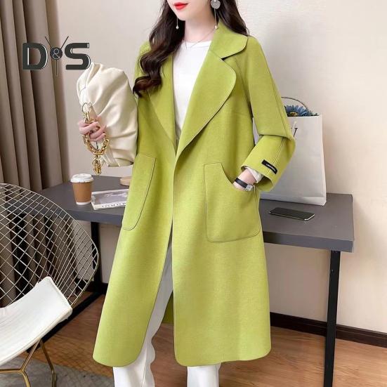 Fall Winter Women Overcoat Turn Down Collar Long Sleeve Open Stitch Pockets Loose Mid Length Solid Color Soft Warm Thick Lady Mid Calf Length Coat