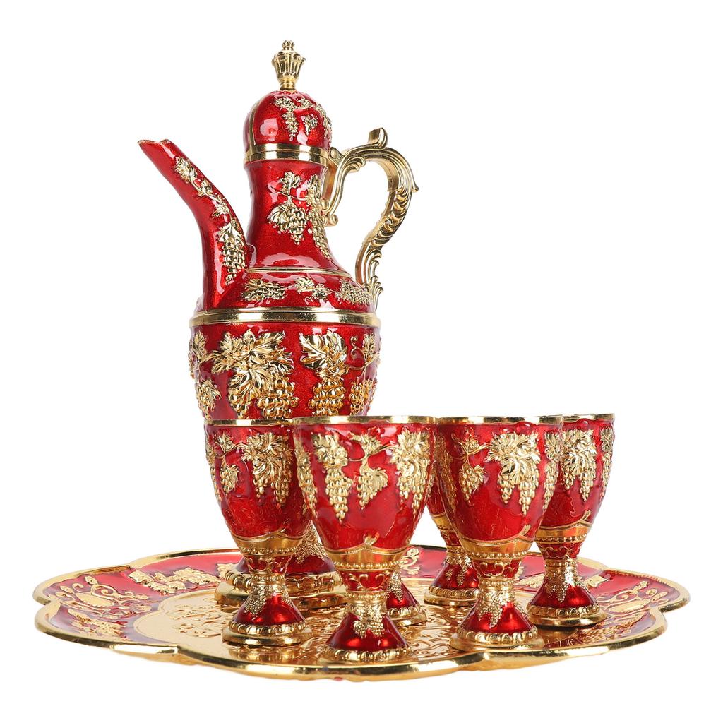 Turkish Coffee Pot Cup Set Vintage Exquisite Elegant Metal Tea Pot Set with 6 Cups for Tea Table