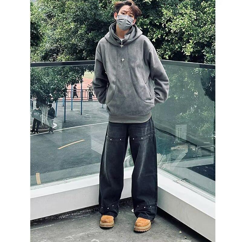 High Street Denim Pants For Men, Retro Distressed, Loose Straight Leg Pants, Wide Leg Sports Pants, Trendy