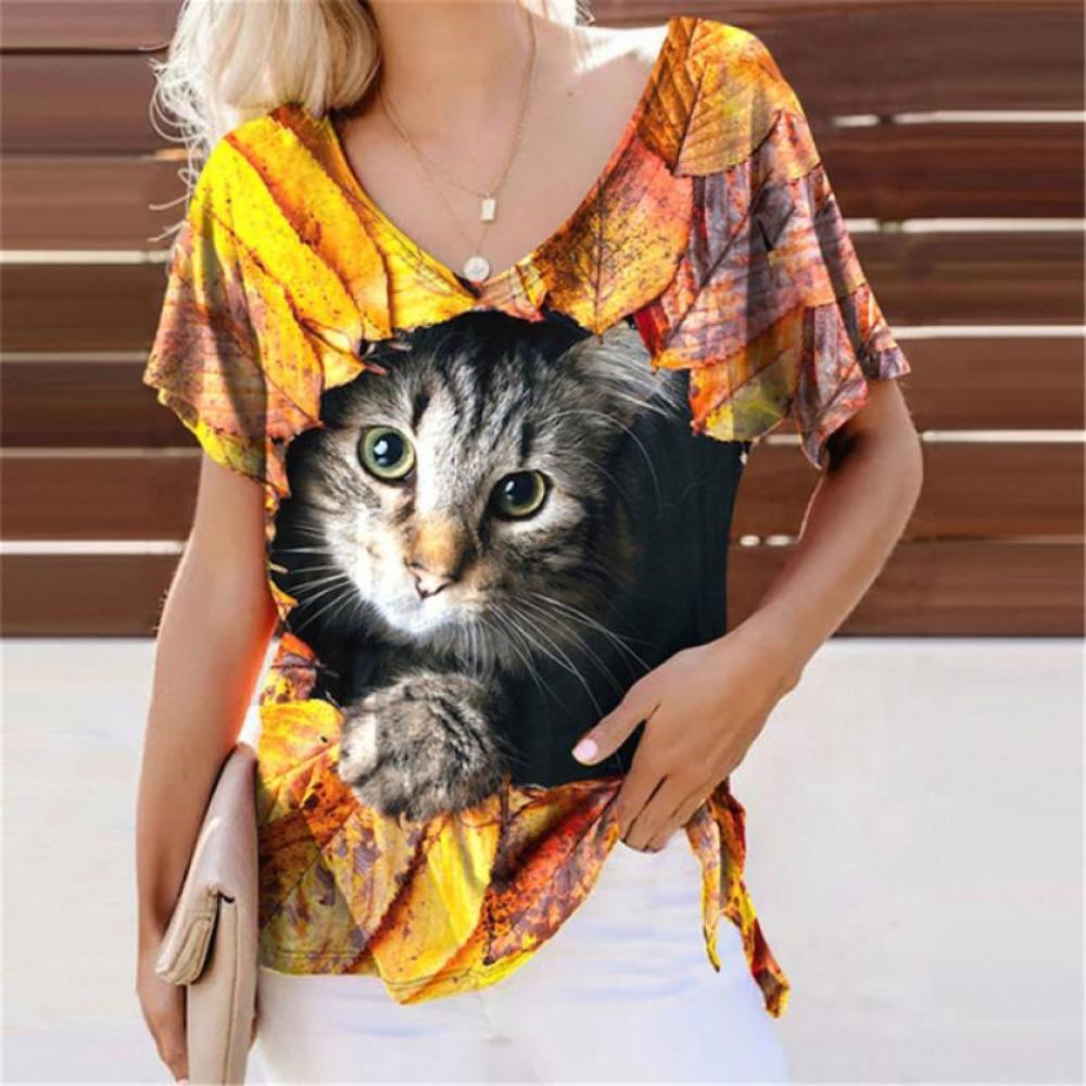 Летние милые футболки с 3D-принтом кошек, женские повседневные футболки с V-образным вырезом и коротким рукавом, Y2k, харадзюку, футболки с животными, свободные топы, женская одежда