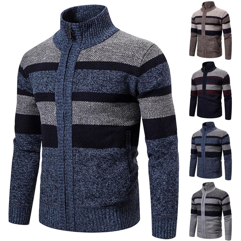 Men's Trendy Striped Long Sleeved Sweater Outdoor Stand Collar Sports Cardigan Sweater