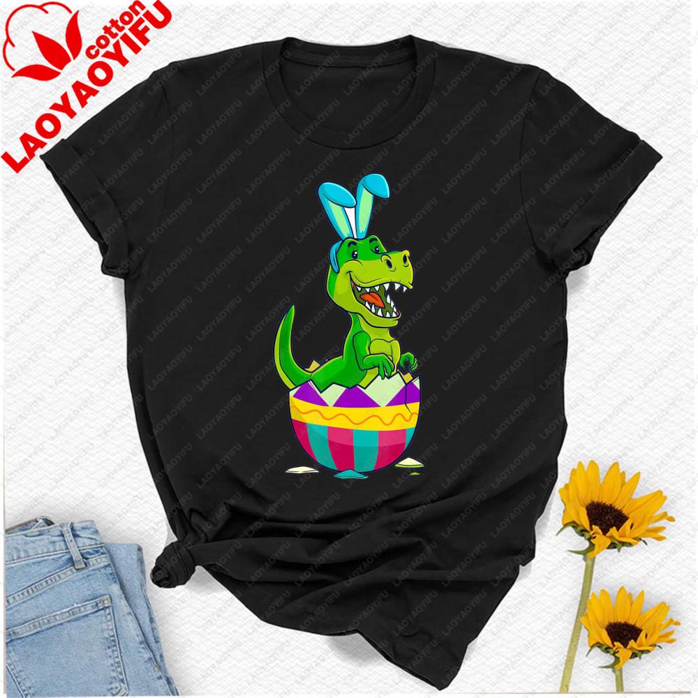 Pastel Easter Trex Bunny Tshirt Cartoon Dinosaur Hatching From Colorful Egg Cotton Casual Streetwear For Spring Celebrations