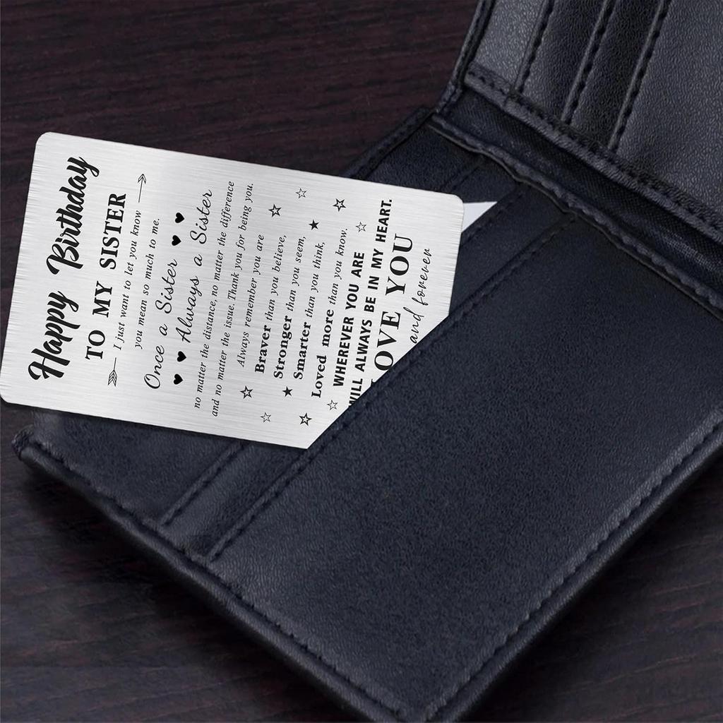 Alotozo Personalized Birthday Card for Sister - Laser Engraved Stainless Steel Wallet Card, Sister Birthday Gift, Durable Bday Keepsake