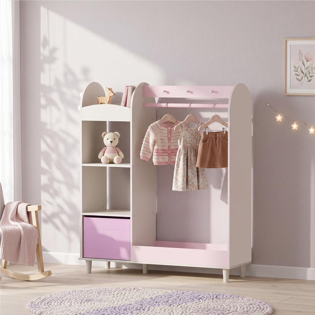 Kids Clothing Rack Kids Wardrobe With Glowing Lights Mirror Non Woven Drawer And Shelves For Bedroom Ages 3 8 Pink