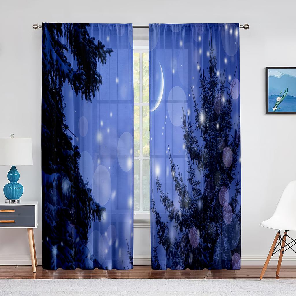 Ночное небо, луна, звезды и лес, озеро, прозрачные вуалевые шторы для спальни, гостиной, кухни, тюлевые шторы, шифоновые оконные шторы