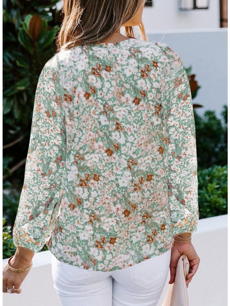 Fashion Women's Casual Tops Spring/Summer V-neck Lantern Sleeve Floral Chiffon Shirt Top with Lining Comfortable and Versatile T-shirt for Ladies