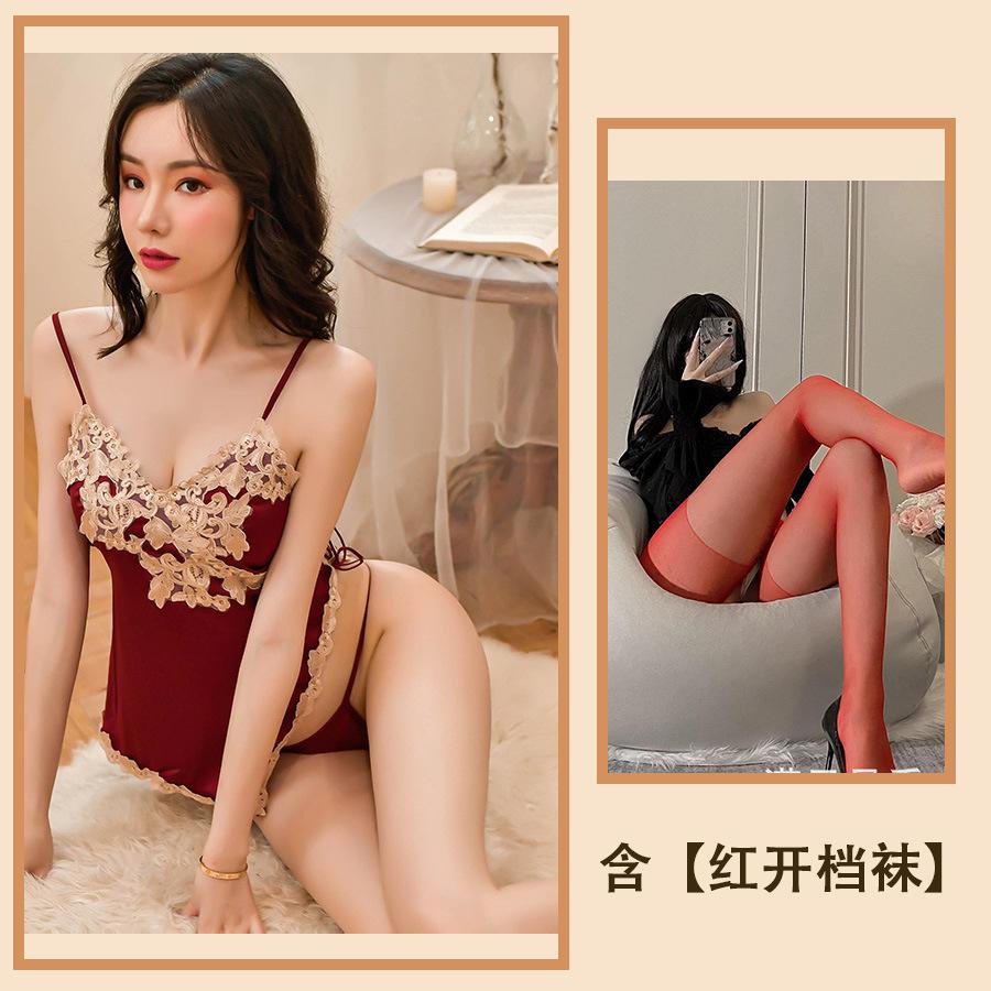 Секс одежда подтяжки ночная рубашка сексуальный кружево французский тело скульптура ледяной шелк пижама униформа полая соблазн