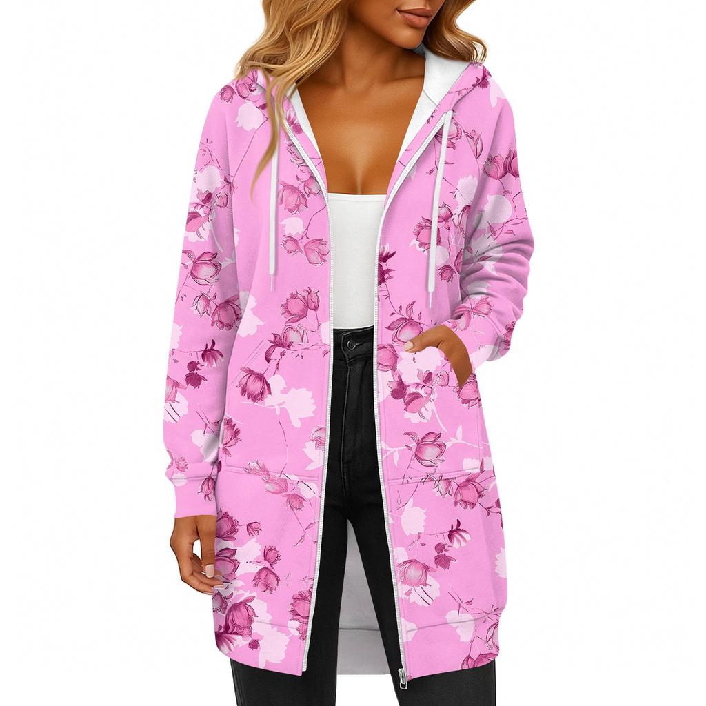 Women's Fashionable Printed Long Sleeved Drawstring Hooded Zipper Pocket Long Casual Sweatshirt Jacket