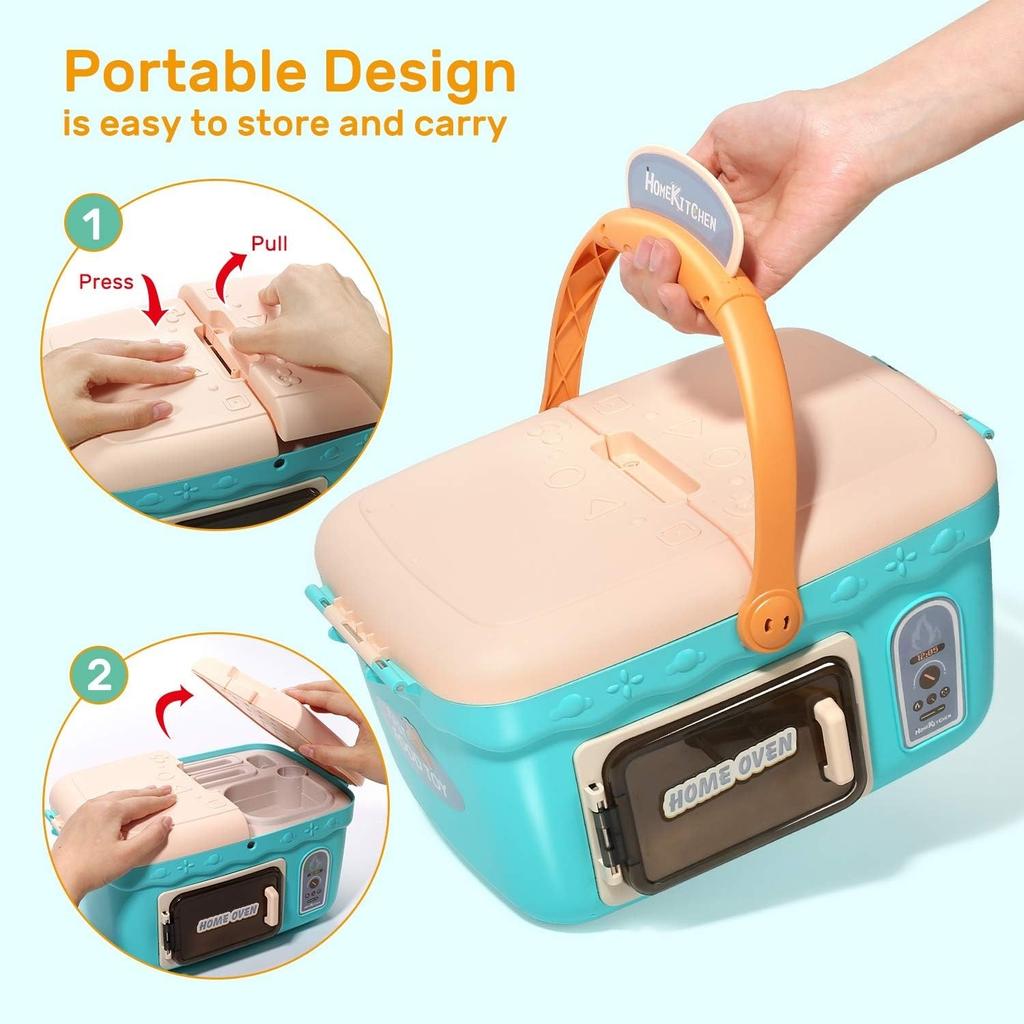 Kids Picnic Kitchen Playset Portable Pinic Basket with Musics & Lights Play Foods Sink Pretend Play Oven Toys for Boys and Girls