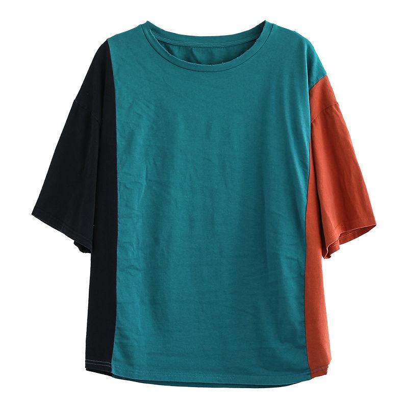 Футболка из 100% хлопка с короткими рукавами, женская свободная хлопковая летняя футболка большого размера с цветным контрастом, винтажный арт-топ женский