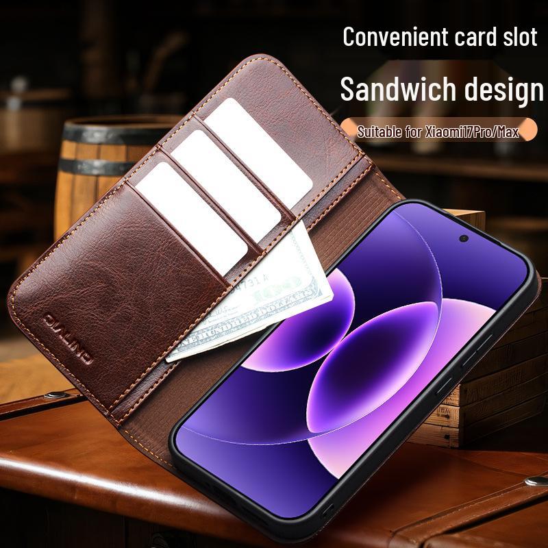 Чехол-книжка Chali из натуральной кожи для Xiaomi 17 Pro Max со подставкой и защитой объектива