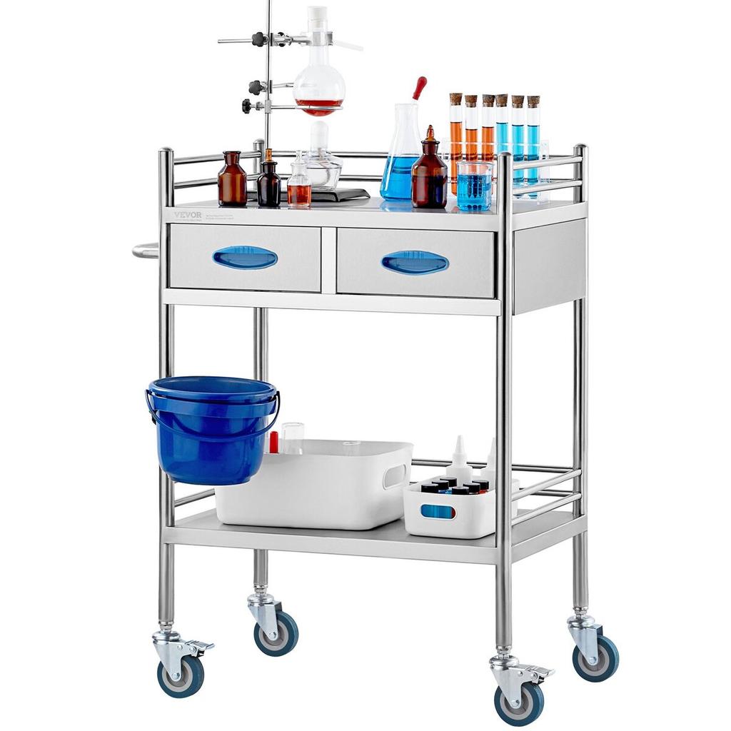 Lab Serving Cart, 2 Layers Stainless Steel Utility Rolling Cart, Medical Cart with Two Drawers, Dental Utility Cart with Lockable Wheels and A Bucket,